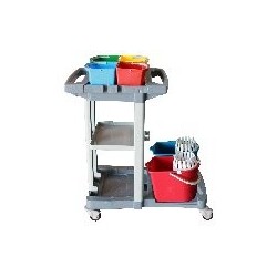 Chariot manutention avec 2 étagères,support sac avec couvercle et 2 poignée + 4 seaux 5 lts + notre ref. 2x 1158/B