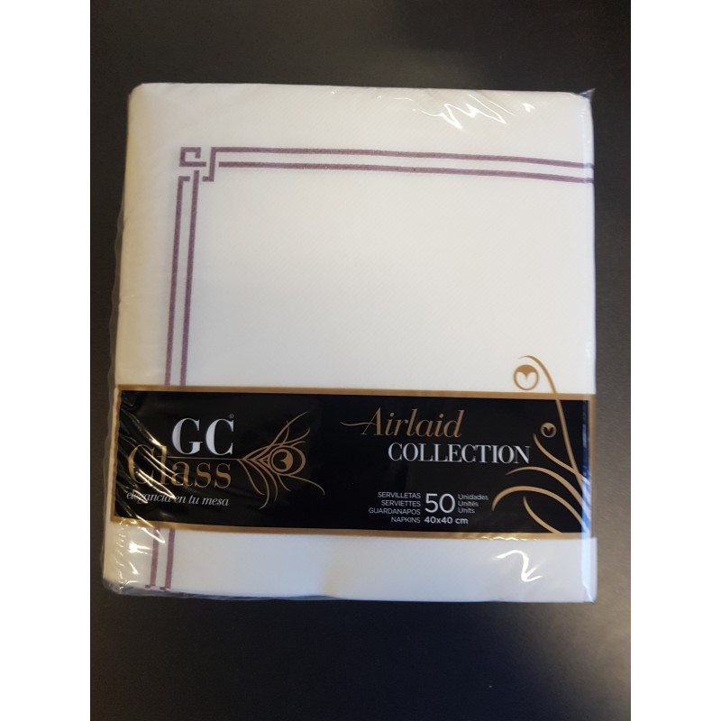 Serviette 1C Gc CLASS 40x40 Airlaid Blanche Liseret Bordeau